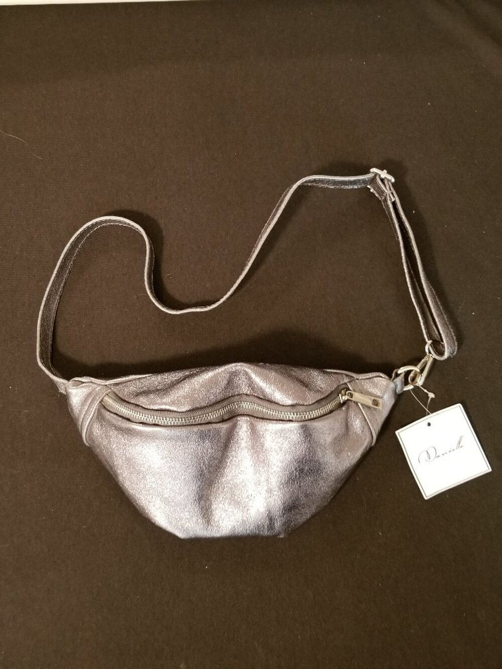 Danielle Crossbody Pouch Style Shiny Silver Purse - Genuine Leather: Italy - New